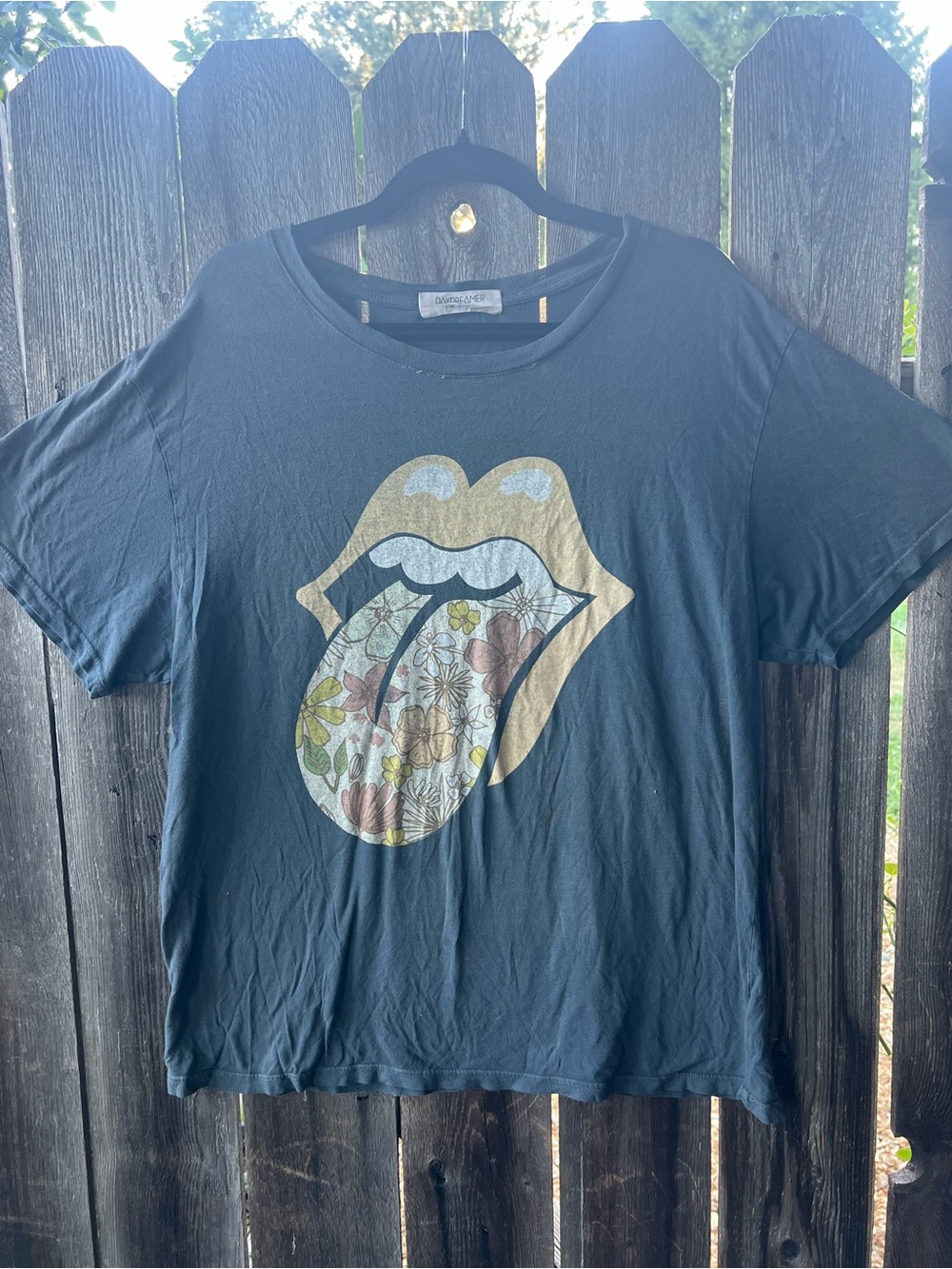 Free People Black Tee with pink Floral Tongue Graphic